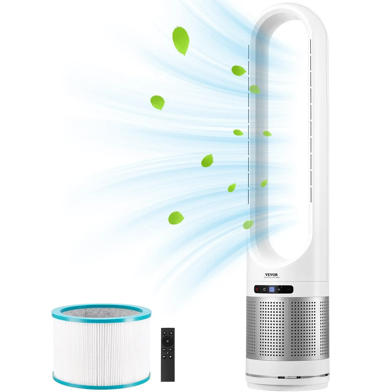 【DealsForYouDays】VEVOR Tower Fan Bladeless, 15.4ft/s Velocity Floor Fan that Blows Cold Air, 80 Oscillating 8-Speed Fans, 8H Timer, Standing Fans with H13 HEPA Filtration, Remote Control Air Purification Mode