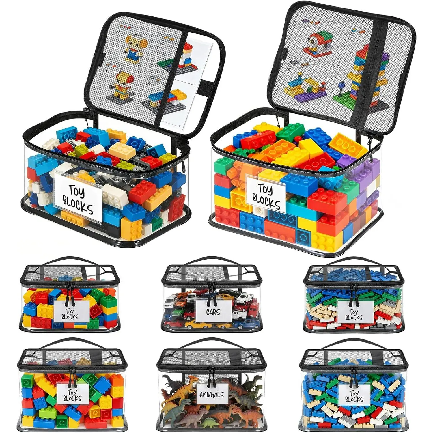 6 Pack Large Clear Toy Storage Bags with Labels - Waterproof PVC Organizer for Building Blocks, Puzzles, Dolls, Board Games, Mixed Pack for Kids Ages 3+