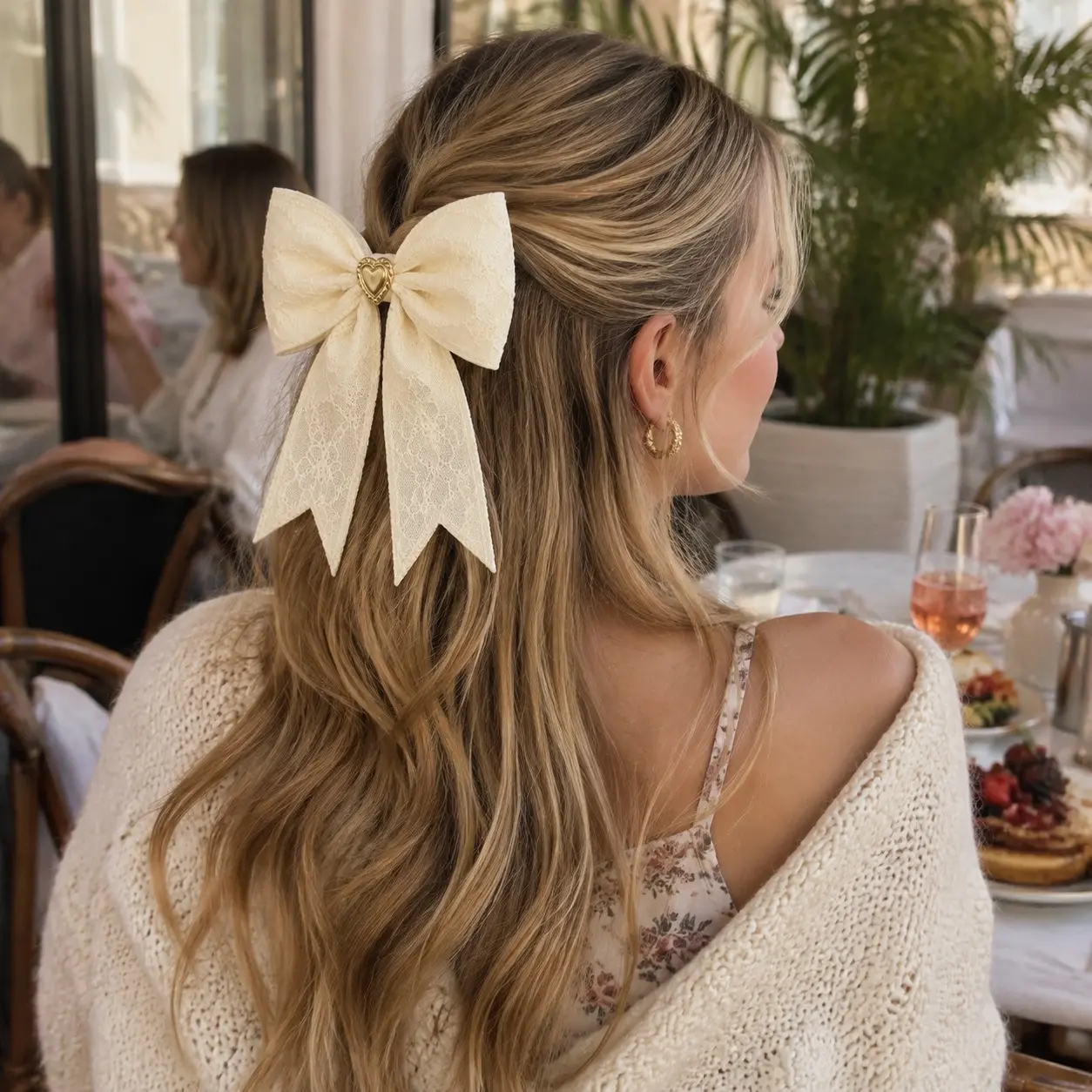 Elegant Lace Bow Hair Barrette with Heart Accent, Secure French Clip for Half-Up & Ponytail, Aesthetic Hair Styling Accessory