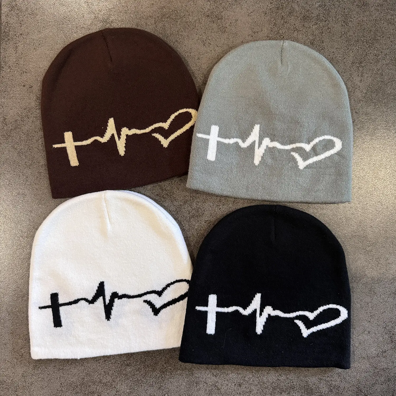 Cross beanie hat heartbeat design knit hats winter warm skull caps knitted headwear fashion casual outdoor sport caps trend streetwear accessories black white brown grey soft warm cap gifts