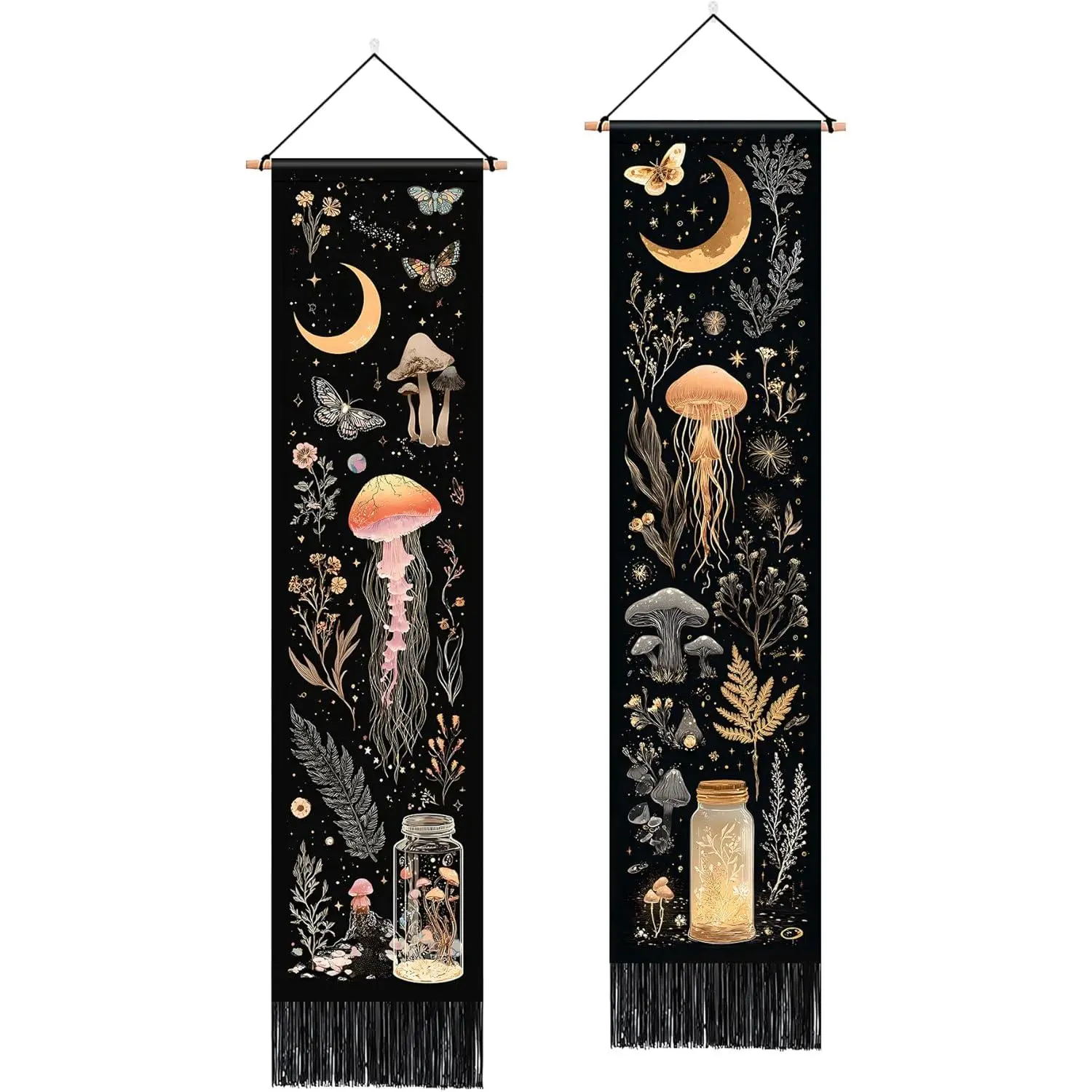 NYZE Minimalist Vertical Tassel Tapestry, 13x51.1in Polyester Fabric Jellyfish Mushroom Wall Art, Hanging Home Decor for Bedroom, Living Room, Housewarming Gift, Wrinkle-Resistant