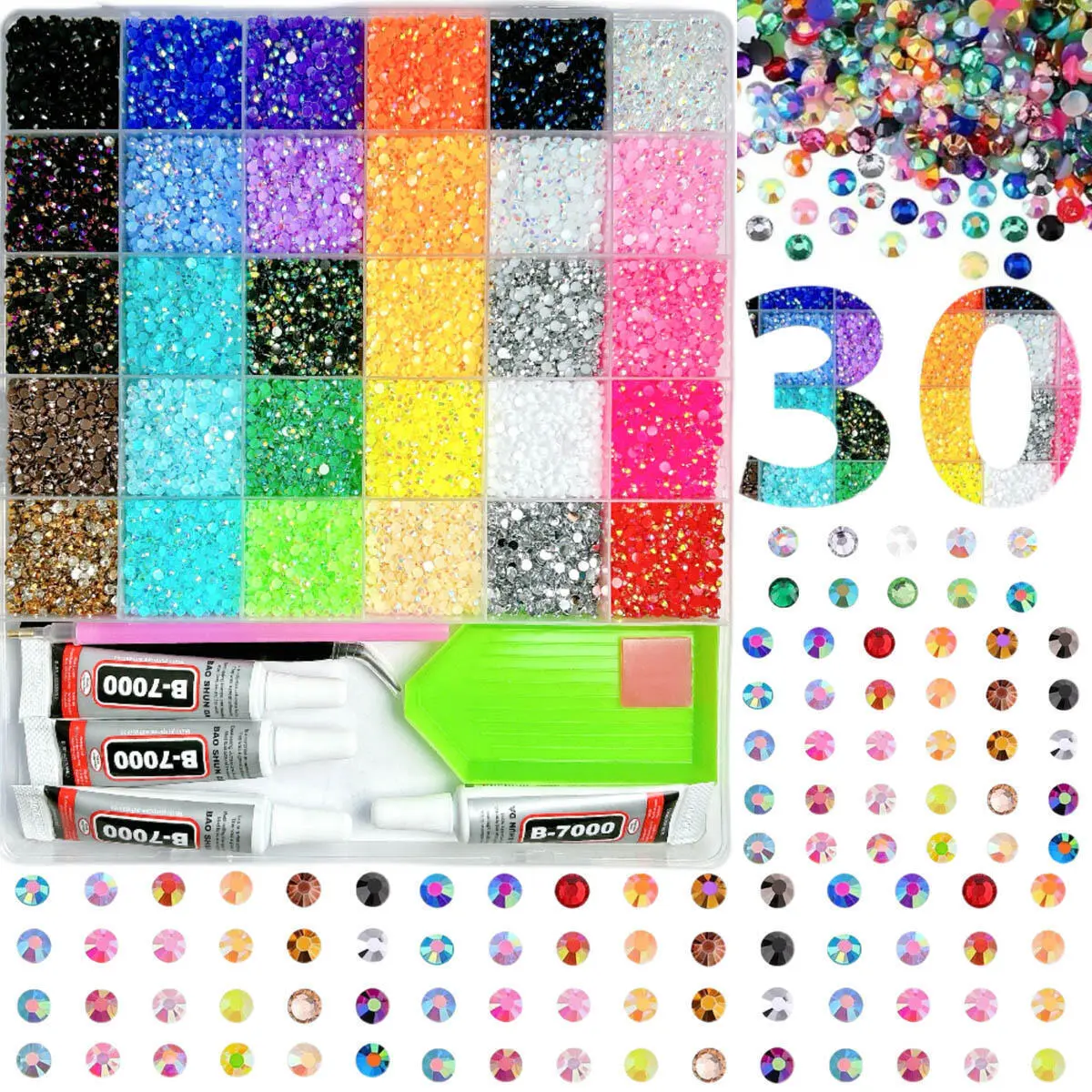 1Set 30 Colors Creative Mini Flatback Rhinestones Nail Charms 3mm New Style Semi-circular Resin Nail Diamond Bedazzling Kit with Adhesive Tweezers Tray DIY Cup Mouse Nail Materials