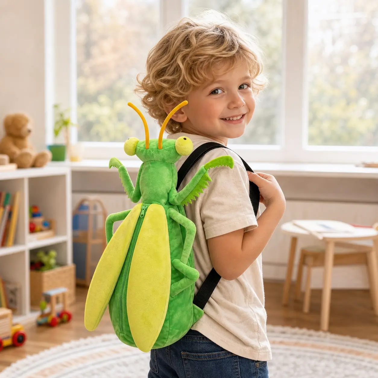 Quirky Praying Mantis Plush Backpack for Girls |   Funny Ugly-Cute Stuffed Animal Bag |   Weirdly Cute Plushie Backpack Photo Prop |   Novelty Gift for Bestie and BFF