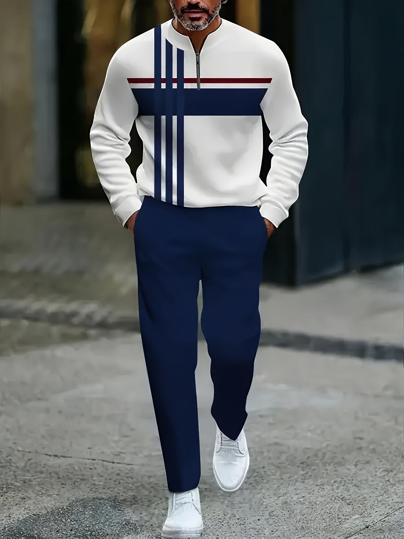 Half Zipper Fashion Casual Set with Trendy and Personalized Stripe Design, Simple, Comfortable and Versatile