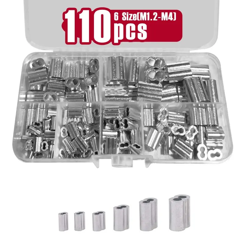 110-Pieces 6 Sizes Aluminum Crimping Loop Sleeve Double Barrel Ferrule for Wire Rope and Cable Line End Assortment Kit - M1.2-M4