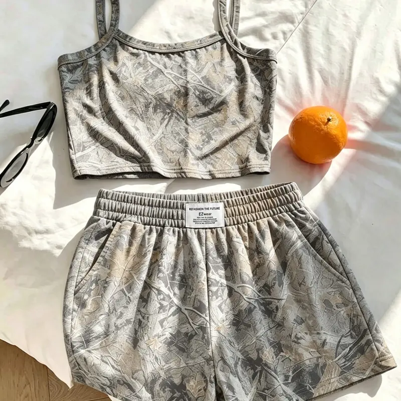 Women's 2-Piece Y2K Woodland Camo Set Camisole Crop Top and Elastic-Waist Loose Shorts with Pockets, Camouflage Matching Set for Summer Loungewear and Streetwear, Casual Beach Set