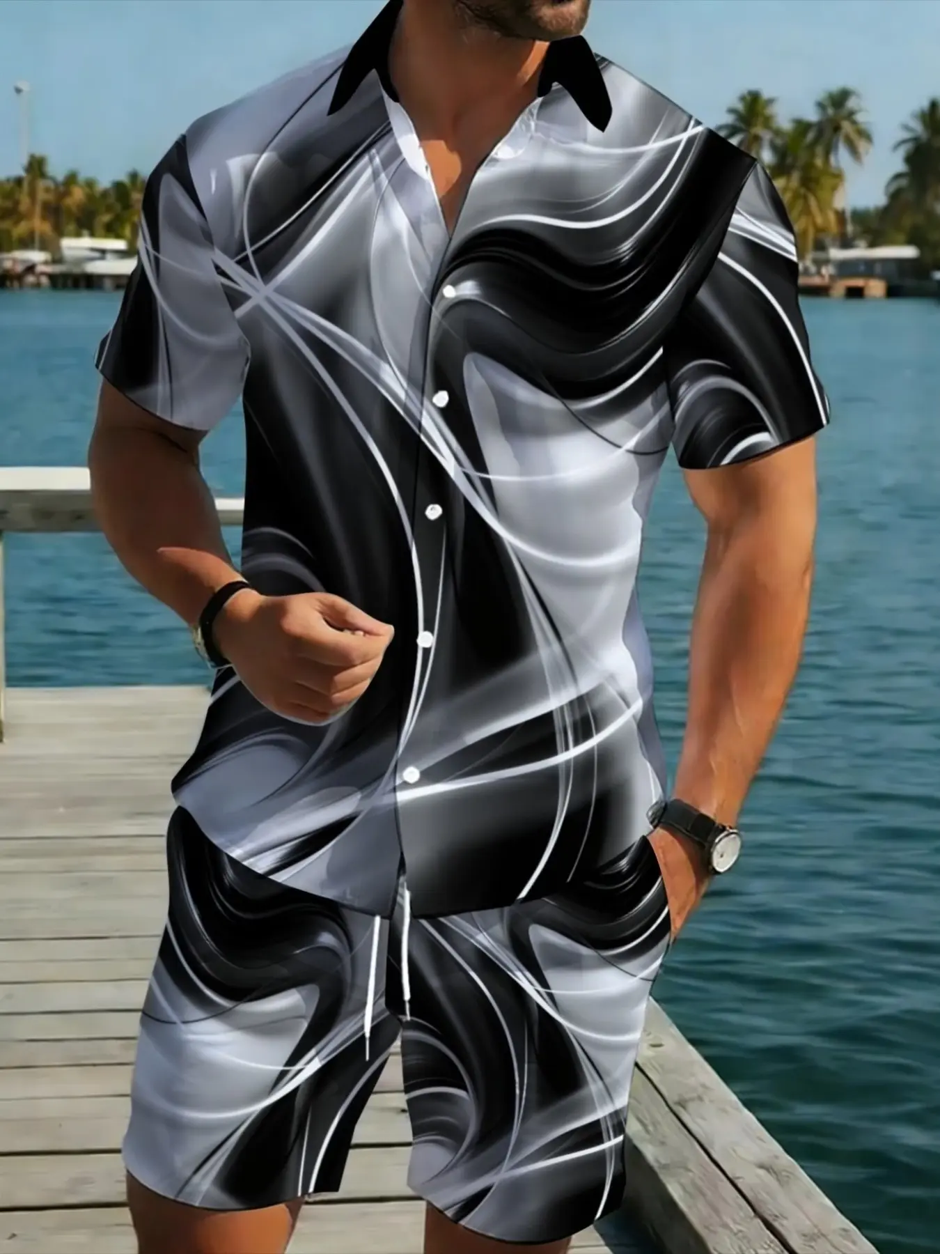 Men's Short Sleeve Shirt and Pants Set, Abstract Pattern, Lightweight Polyester, Casual Wear, Beach, Outdoor, Comfortable and Durable