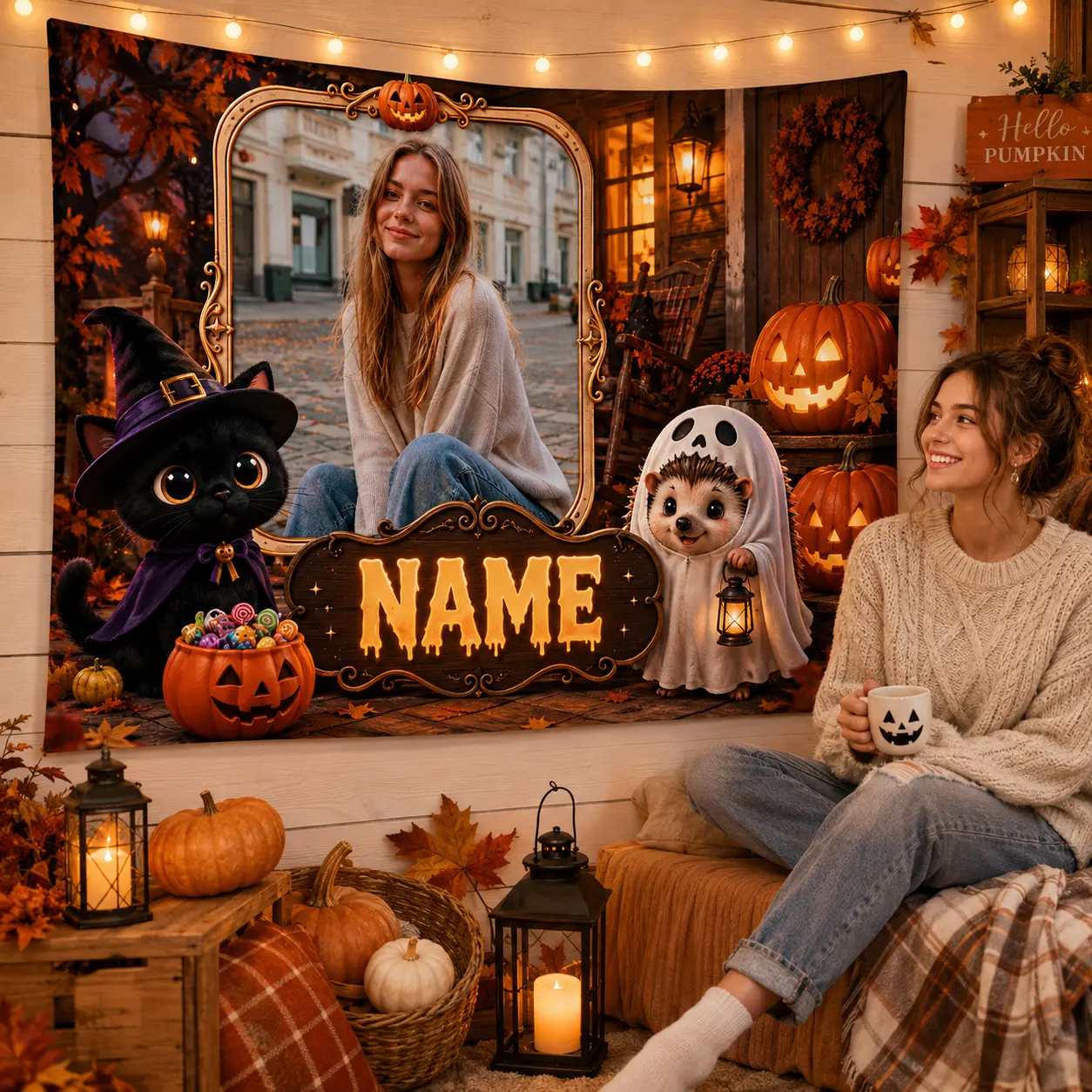 Personalized Halloween Backdrop with Photo Insert & Custom Name, Cute Pumpkin Ghost Decor, Festive Autumn Party Banners for Home Supplies