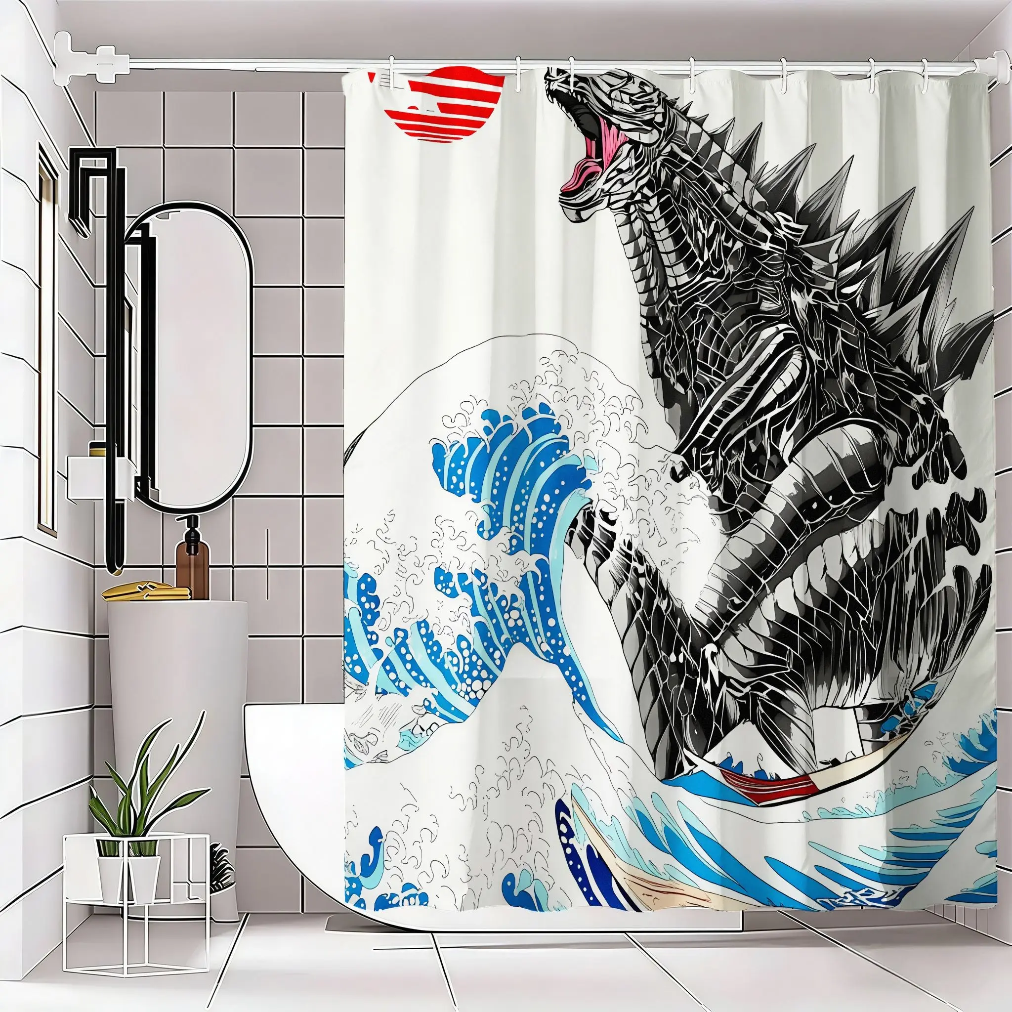 Epic Godzilla Shower Curtain, Bold & Kaiju Design, Swirling Blue Ocean Waves, Iconic Sun, Unique Bathroom Decor, Perfect Gift