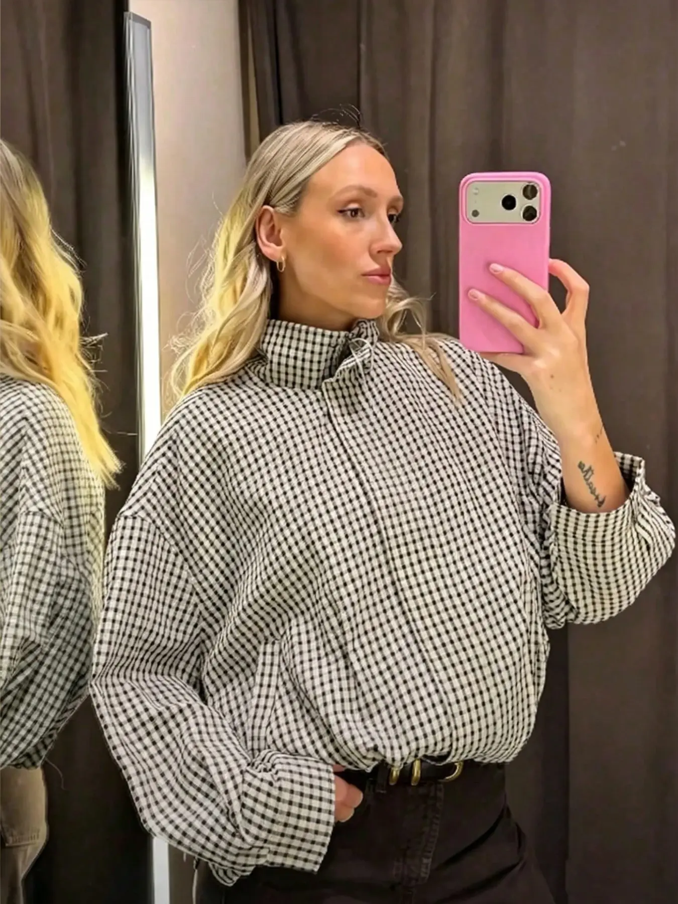Women's Fall Winter Long Sleeve Stand Collar Retro Plaid Zipper Jacket, Casual Elegant Commuter Loose Pilot Coat with Pockets, Casual Pocket Outerwear