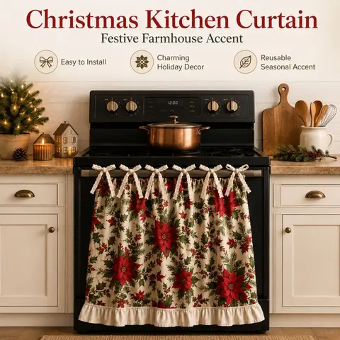 Reusable Christmas Fabric Rectangular Oven Curtain - Ruffled Hem Festive Kitchen Oven Door Skirt, Decorative Stove Cover for Holiday Decorations, Christmas Parties