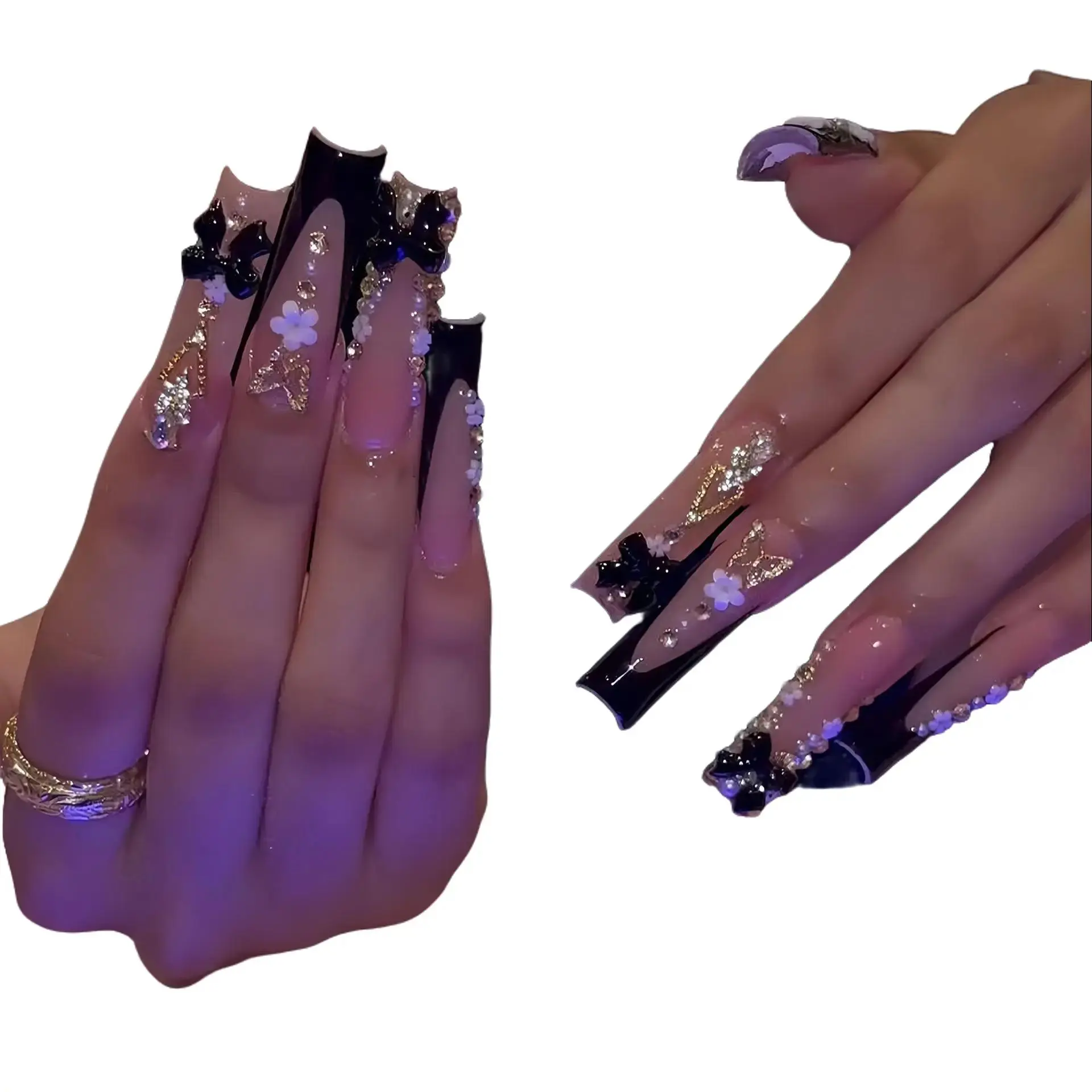 24pcs Black French Tip Press On Nails, Elegant Rectangular Design with Diamond Studs for Parties and Special Events, French Tip Nails