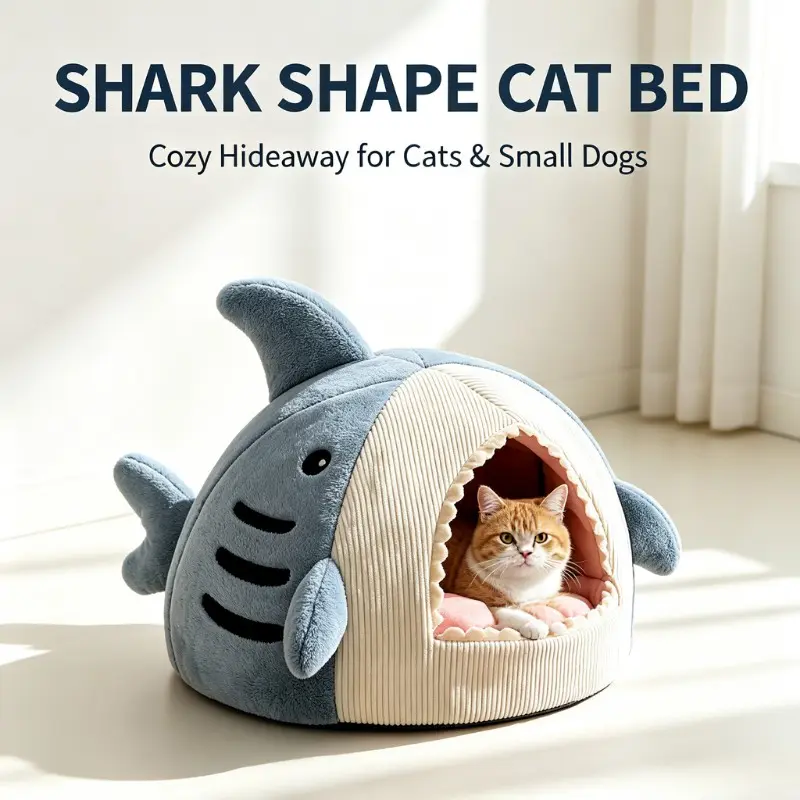 1pc Furry cat bed, shark-shaped cartoon cute cat bed, animal hiding place cave, semi-enclosed to provide pets with a sense of security, thick and warm comfortable cat house, suitable for cats and small dogs, Cozy Kitten Condo, blue/grey