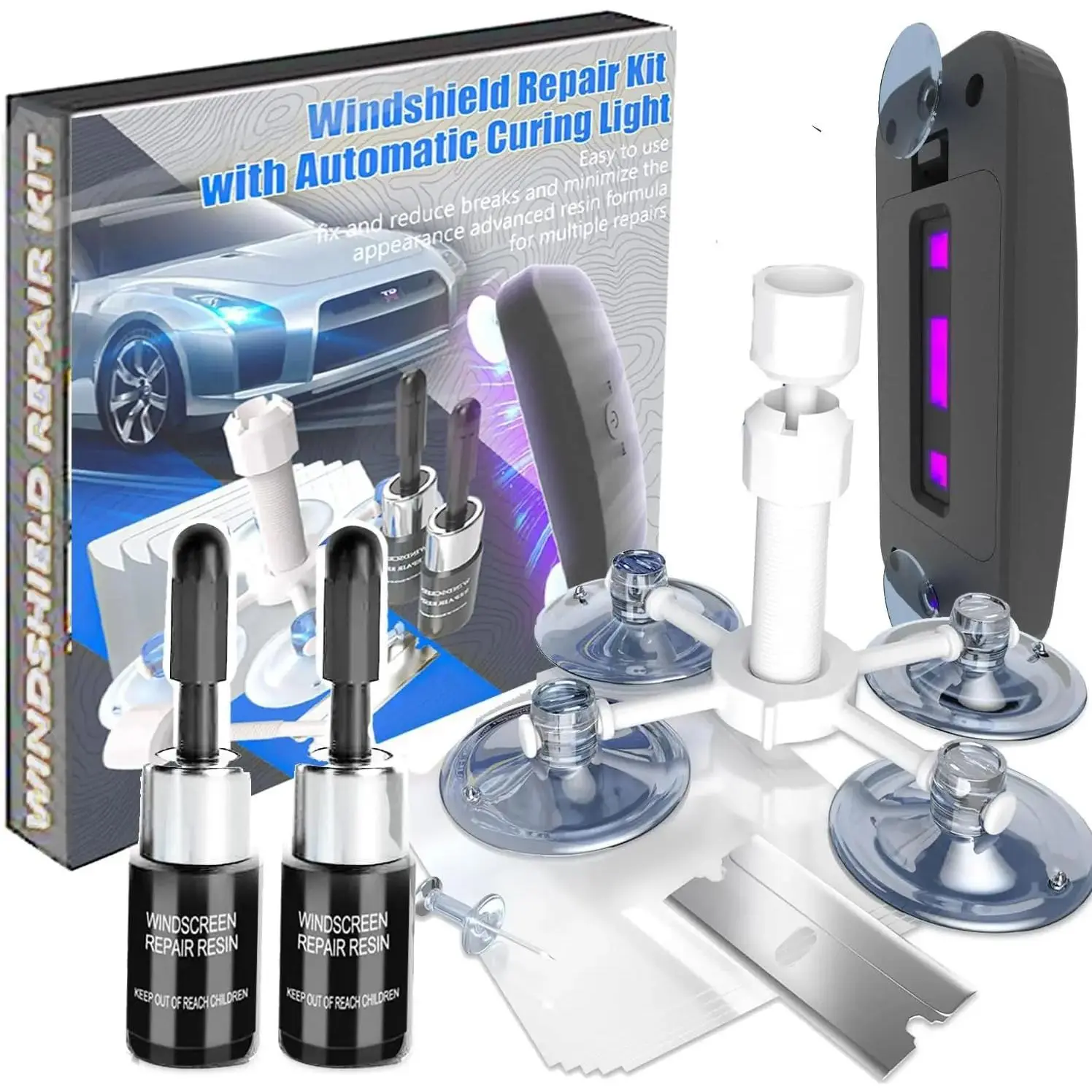 Windshield Repair Kit, 2 PCS Windshield Crack Repair Kit with Suction Cup Curing Light, Glass Repair Kit for Chips and Cracks