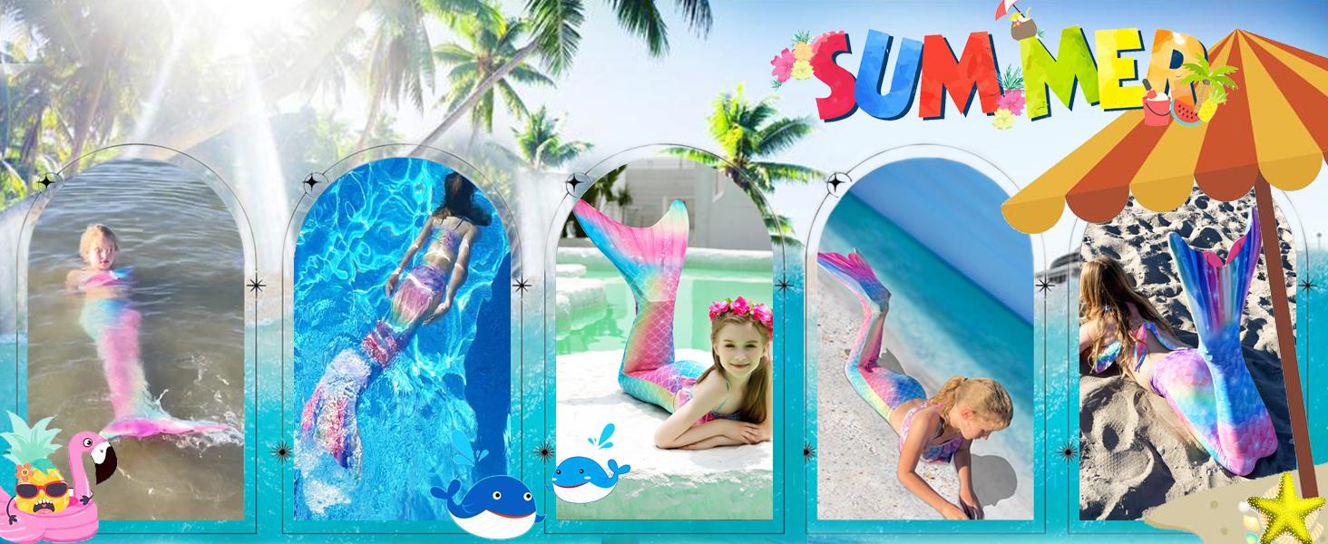 Girls 4‑Piece Teal Blue Gradient Mermaid Tail Swimsuit Set with Monofin, Striped Ruffled Bikini Bathing Suit for Kids Pool Beach Summer Swimming