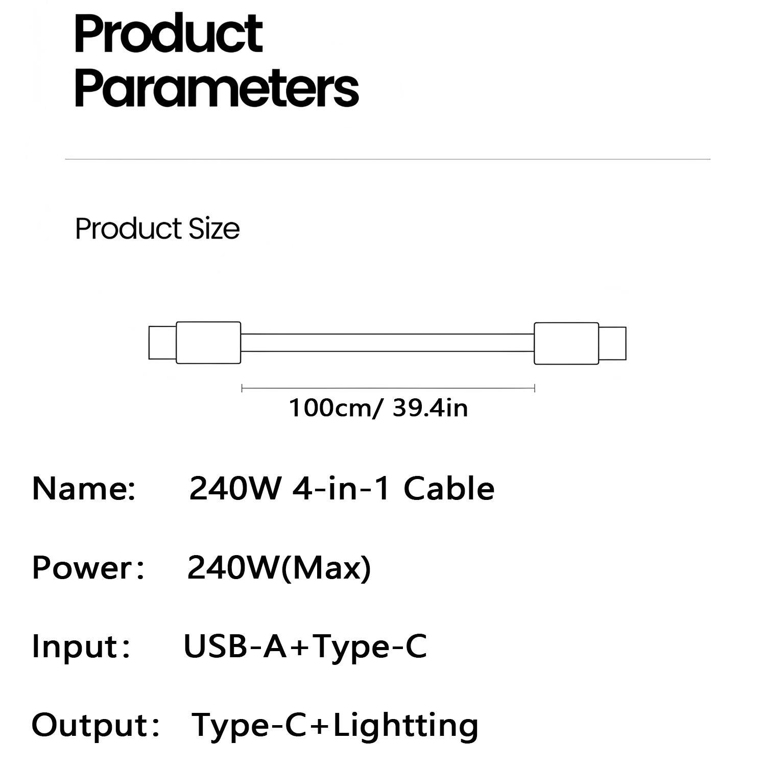 240W 4-in-1 Fast Charging Data Cable, Multifunction Cellphone Charging Cable Compatible with Type-C & iOS Devices, Phone Accessories #GLOBAL PICKS