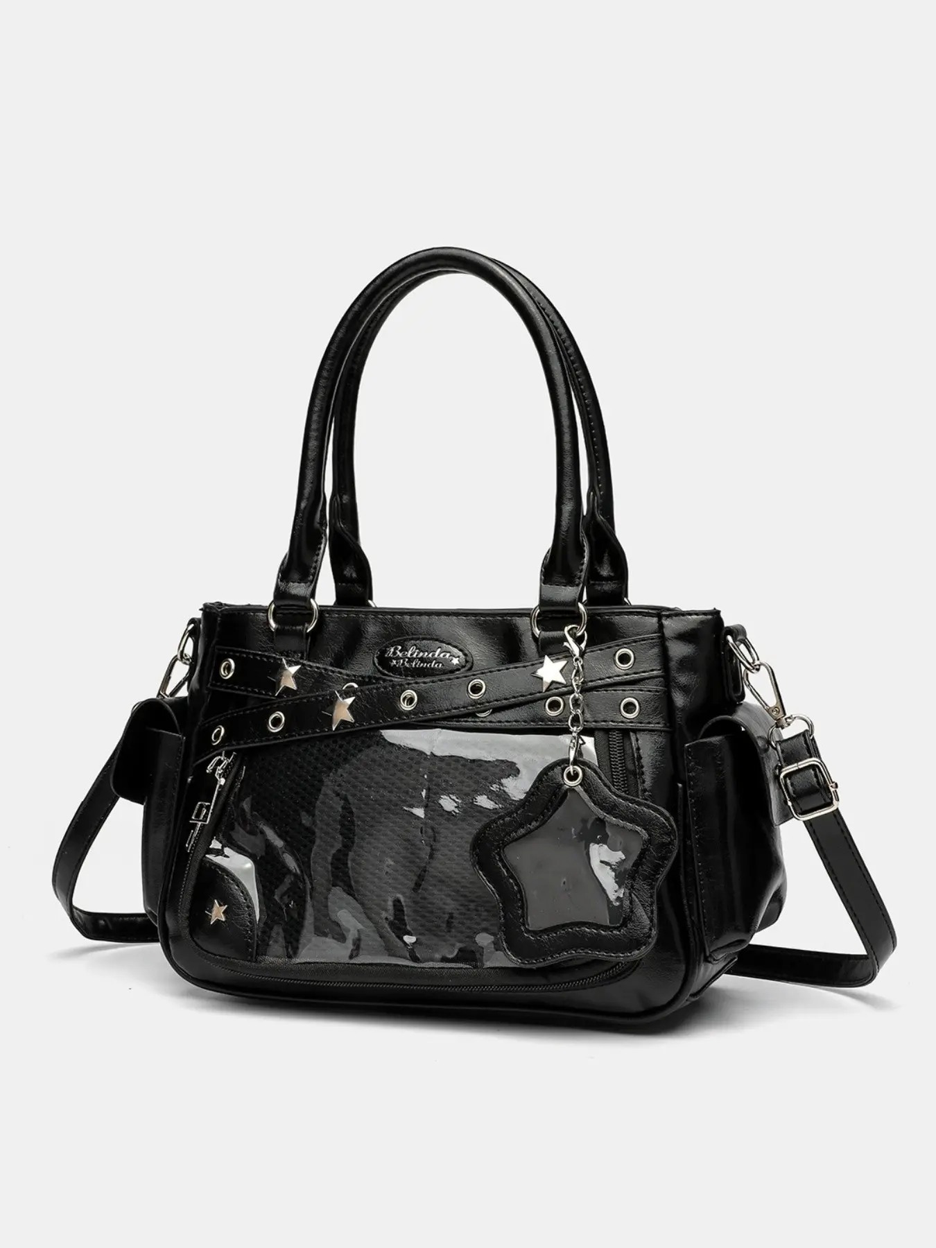 Black Y2K Star Rivet Handbag, Clear Window Ita Bag with Star Pendant, Dual-use Top Handle Fashionable Crossbody Bag, Gothic Punk Shoulder Purse for Girls Streetwear Daily Bag, Crossbody Shoulder Purses, Cross Body Bags