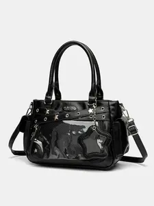 Black Y2K Star Rivet Handbag, Clear Window Ita Bag with Star Pendant, Dual-use Top Handle Fashionable Crossbody Bag, Gothic Punk Shoulder Purse for Girls Streetwear Daily Bag