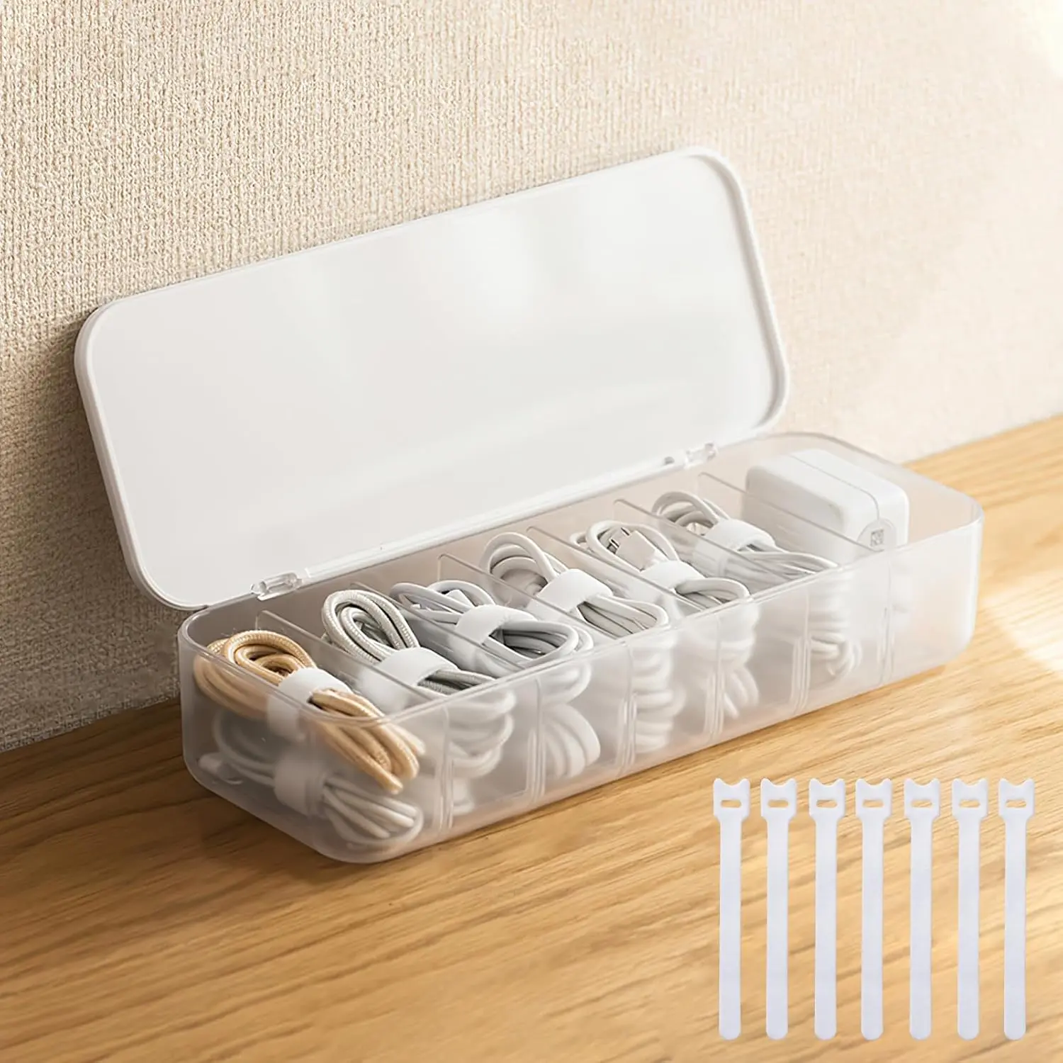 Organizer Storage Box with 7 Wire Ties,Desktop  Management Box with Lid,Power Cord Organizer with 7 Compartments for Office,,Desk Accessories Storage Stationery Supplies White