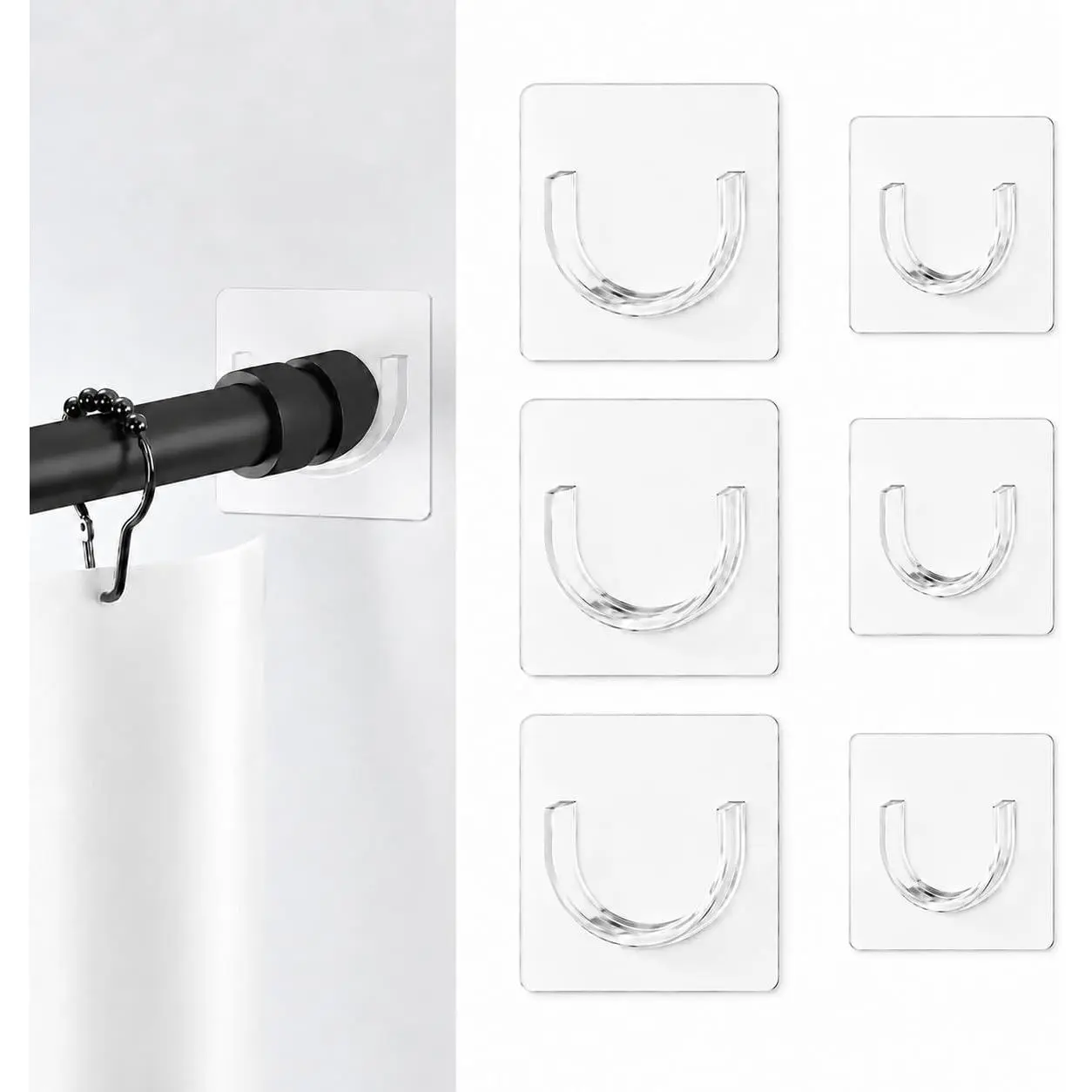 6 Pack Shower Rod Holder with  Adhesive, Sleek Shower Curtain Rod Holder for Wall, Clear Tension Curtain Rod Bracket No Drilling(Rod not Included)