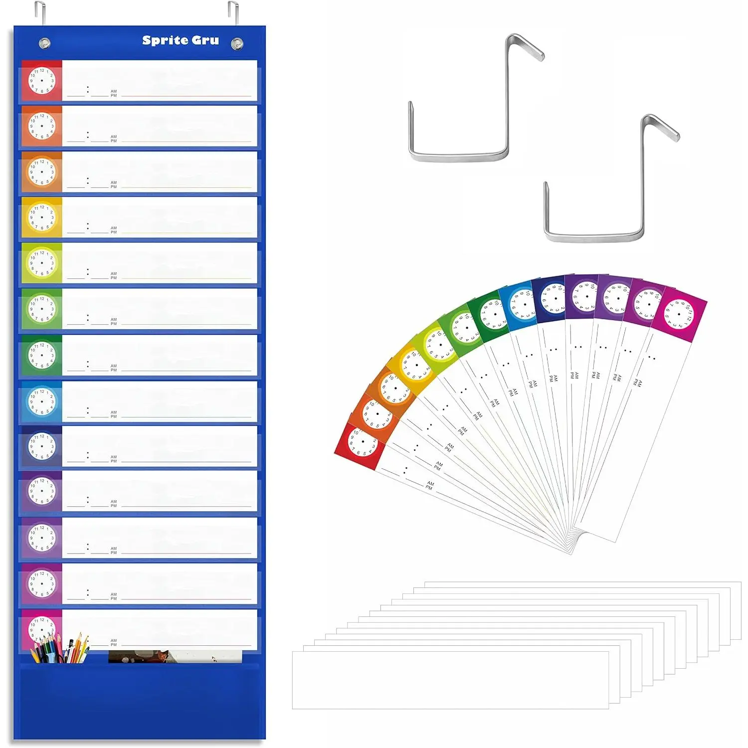 Daily Schedule Pocket Chart, Classroom Charts with 13+1 Pockets, 13 Double-Sided  Colored Cards, 13 Blank Ones and 2 Over-Door Mounting Hangers Include (Blue, 13” x 36”)