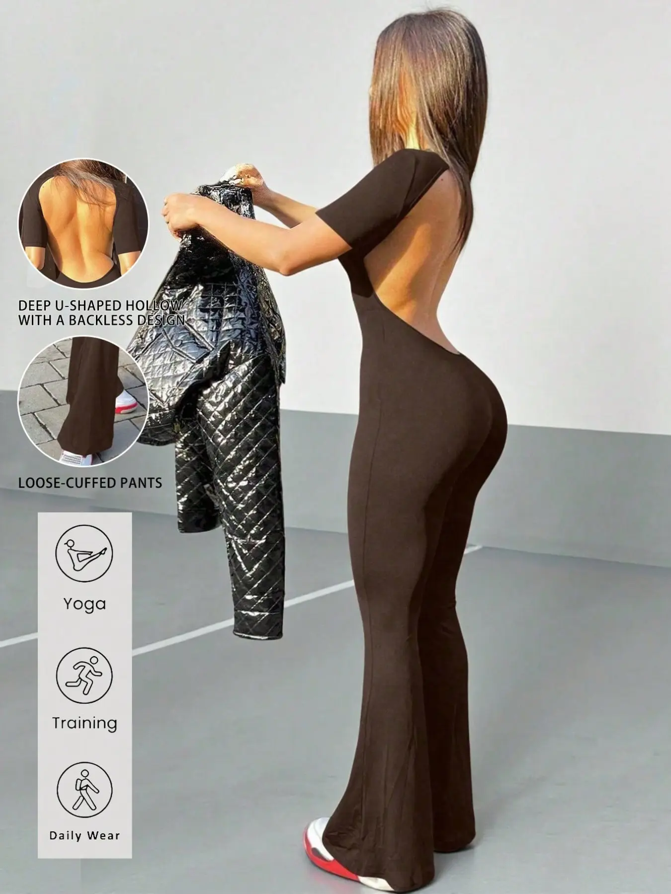 Women's Backless Cutout Bell Bottom Jumpsuit, Fall Winter Layered, Streetwear Commute, Stretchy Soft Fabric, Party Wear, Casual Daily