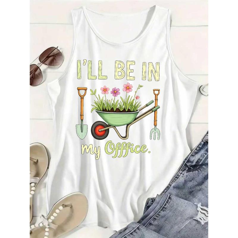 Women's Fitted Knitting Crew Neck Tank Top - 60% Polyester-Cotton Blend, Sleeveless, Elastane-Infused, "In My Office" Alphabet Print, Lightweight Pullover, Medium Length, Hangable, Machine Washable, Non-Dry-Cleanable, Foldable, Year-Round All-Season Wear