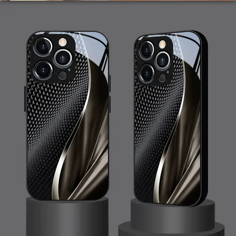 Phone Case: Black Patterned Curved Textured Tempered Glass Business Design Phone Case for iphone17 Air 16 15 Pro Max 14 Plus 13 12 11