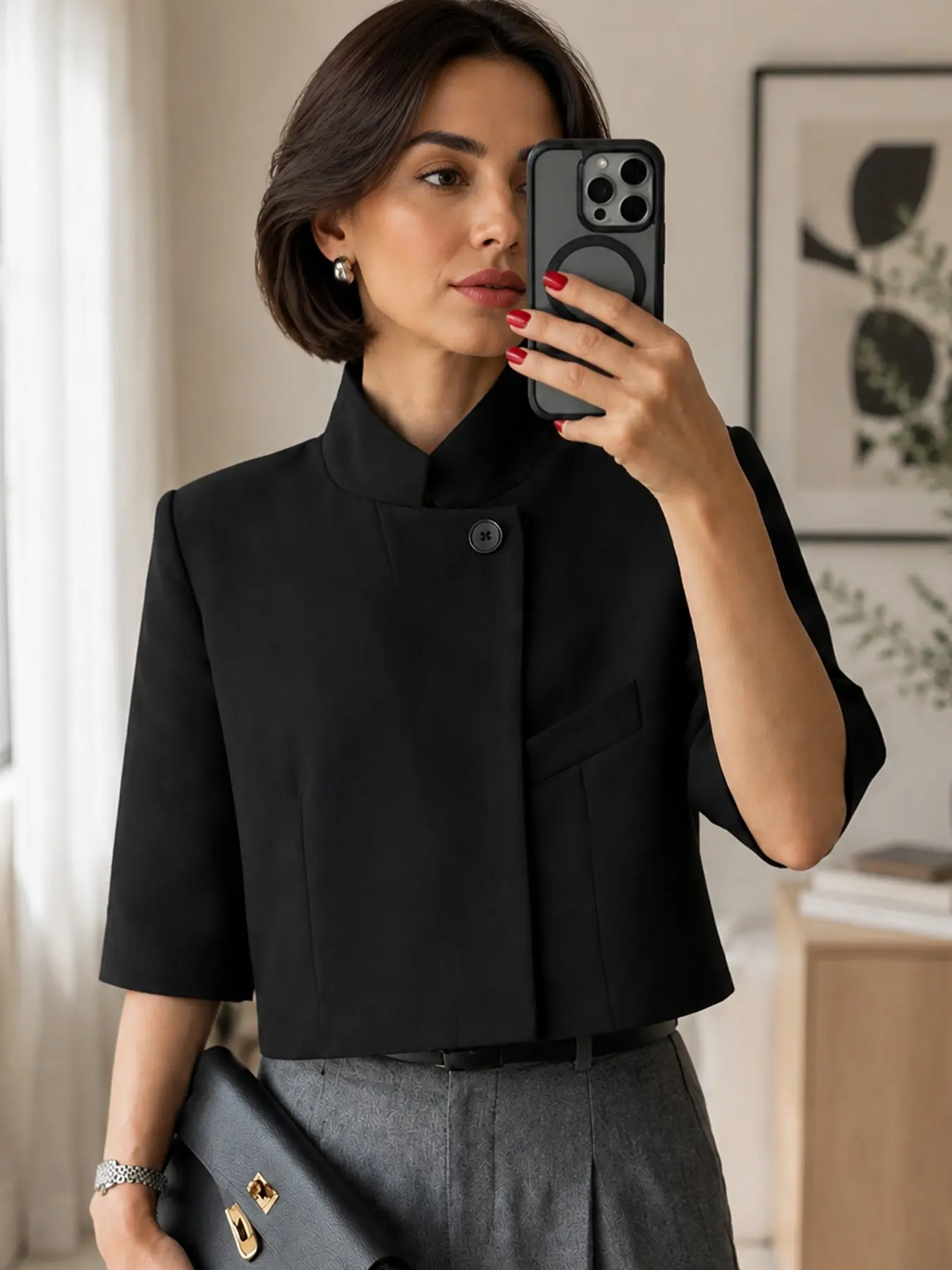 Women's Blazer Jackets Cropped White Jacket Fitted Office Workwear Female Jackets Asymmetrical Button Red Black Jacket Coat Minimalist Fashion Short Sleeve Jacket For Woman Outerwear