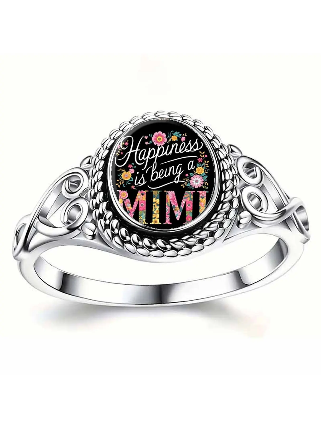Retro hollow filigree time gemstone ring. Mimi floral print commemorative finger ring. Carries the meaning of warm family affection. A gift for grandma on Mother's Day for elders.