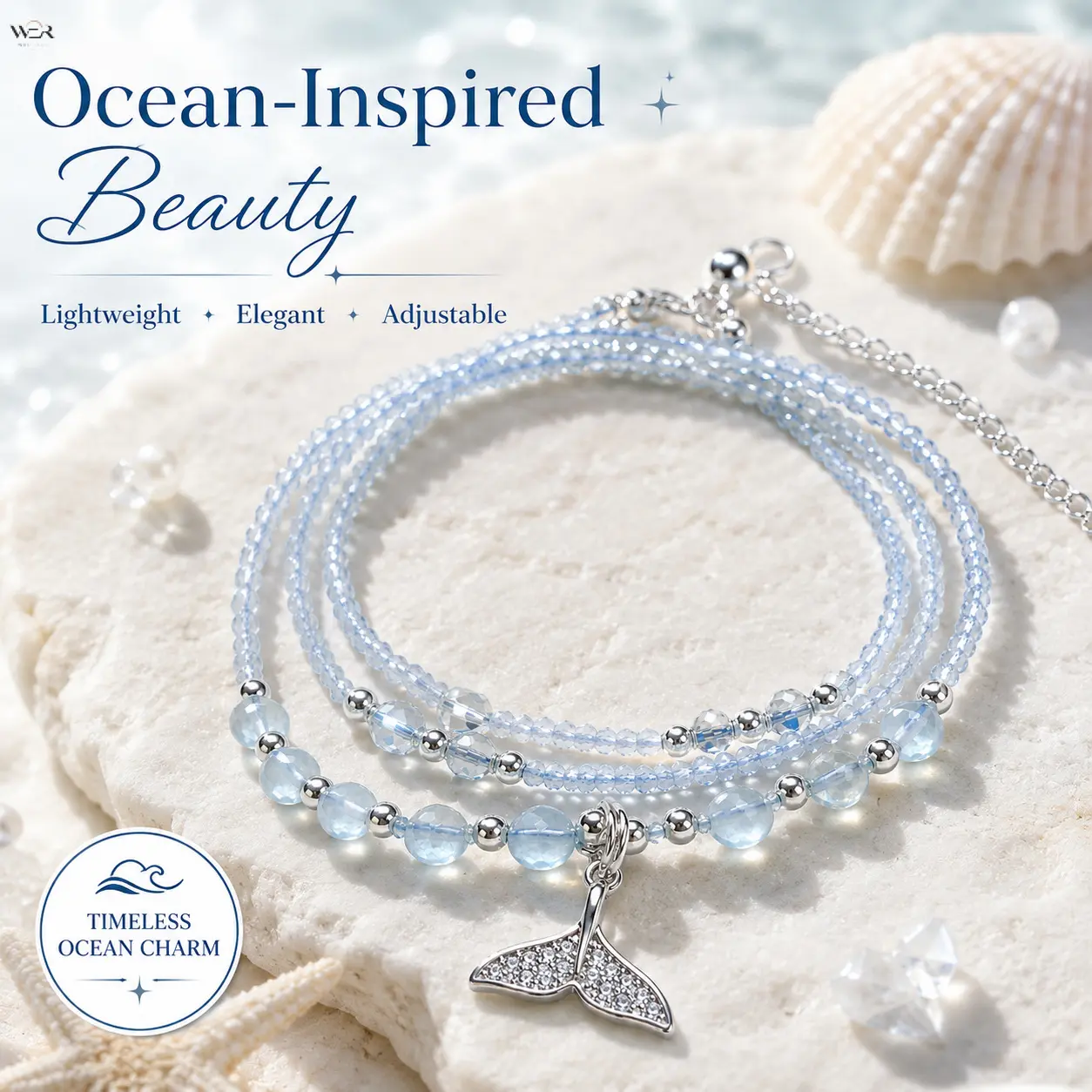 Women's Dainty 3-Strand Natural Stone Bead Wrap Bracelet - Silver Crystal Pave Mermaid Charm, Adjustable Extension Chain, Ocean Vibe Layered Beads Jewelry Gift, Natural Stone Beads, Triple-Wrap