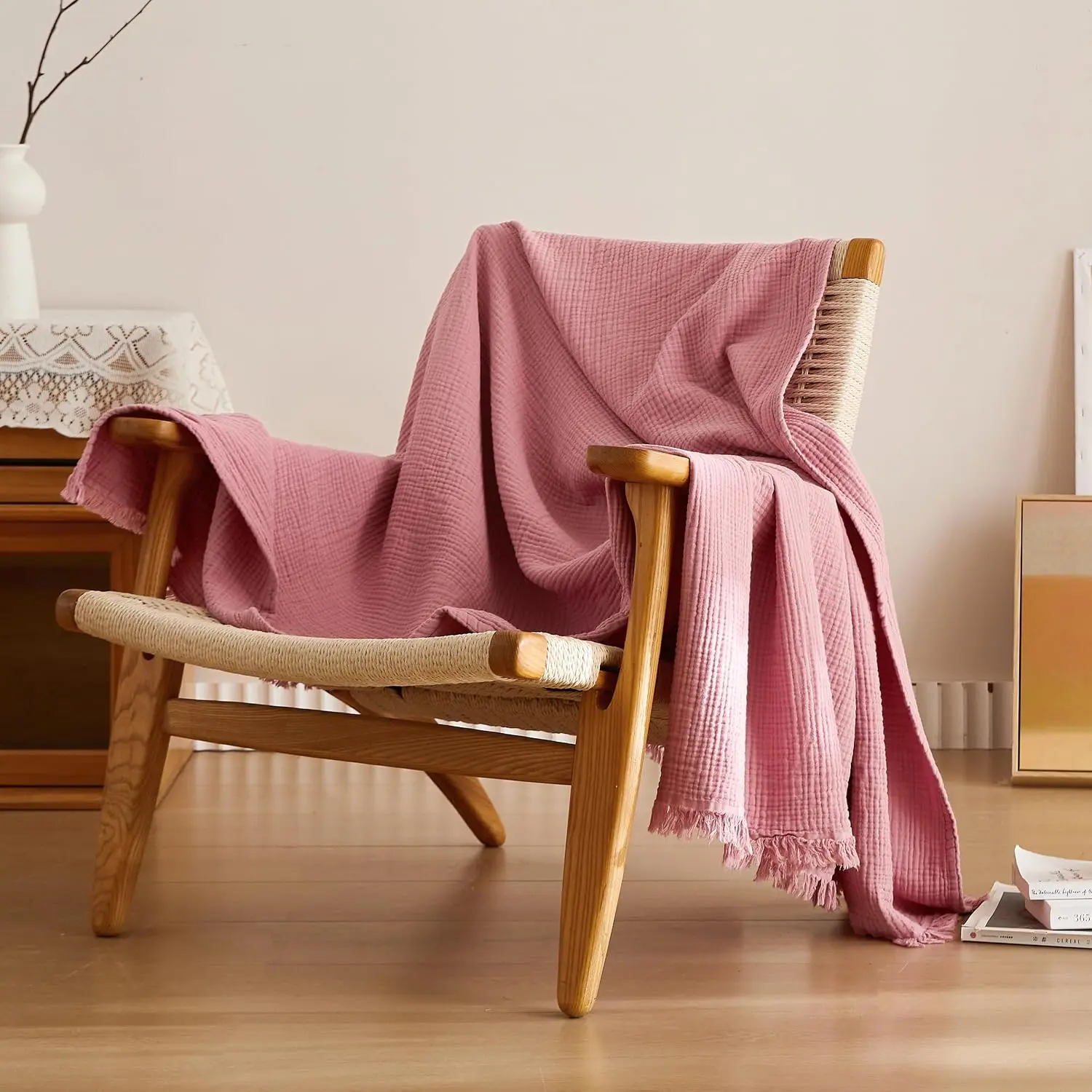 Muslin Throw Blanket 4 Layers for Bed, Couch, Woven Gauze Blanket with Tassels, Soft Lightweight Cozy Pre-Washed Breathable  Decoration for -(Dusty )