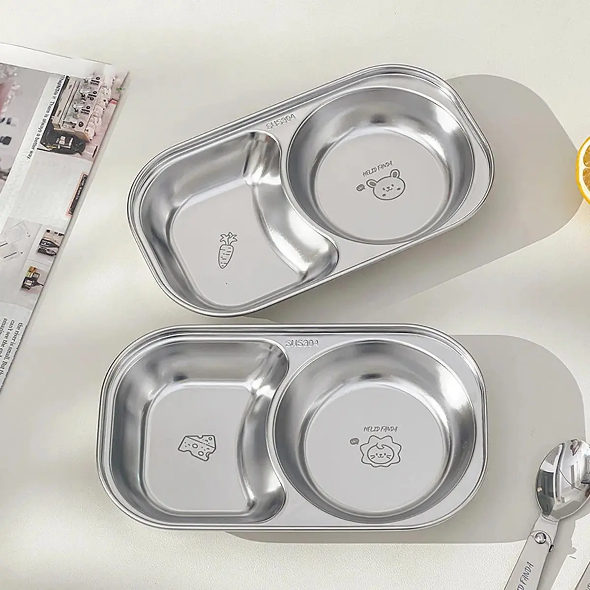 WORTHBUY Mini Cute Children Dinner Plate 304 Stainless Steel Divided Food Plates Dishes Fruit Salad Plates Kitchen Tableware