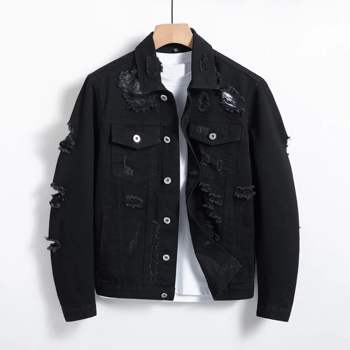 Men's Black Basic Classic Denim Trucker Coat - Distressed Ripped, Long Sleeves, Button Front, Dual Chest Flap Pockets, Frayed Details, Vintage-Inspired Layer for Casual Streetwear Menswear