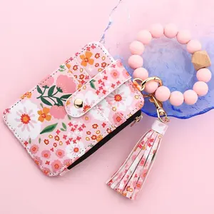 Boho Style Beaded & Tassel Decorated with Flower Pattern Wallet, Zipper Wallet Design, Fashionable Silicone Beaded Wristlet Phone Wallet with Tassel Decor, Phone Wallet Purse, Stylish Wallet