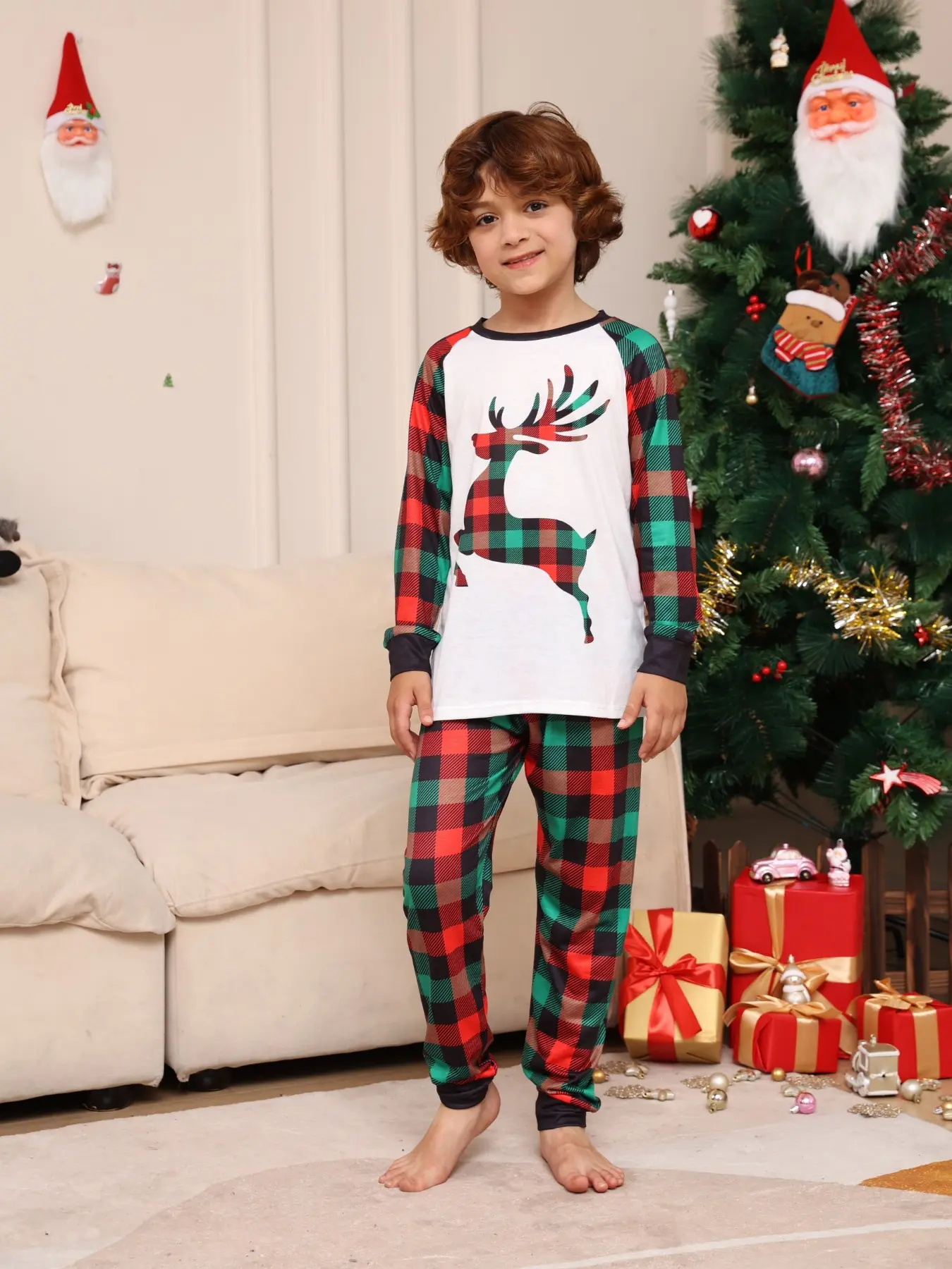 2-Piece Christmas Pajama Set, Long Sleeve and Pants, Reindeer Plaid, Couples Sleepwear, Men Women Kids, Holiday Family