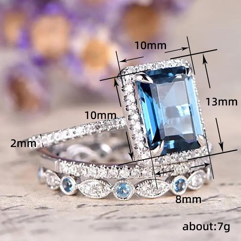 3-Piece Stackable Ring Set for Women, 925 Sterling Silver Emerald-Cut Ocean Blue Zircon with Pavé Cubic Zirconia Halo, Luxury Bridal Wedding Band Set, Hypoallergenic Statement Jewelry for Engagement Anniversary Party Daily Wear
