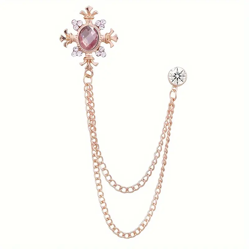 Men's Elegant Rhinestone Flower Brooch with Chain - Zinc Alloy, 16 Color Options, Perfect for Business & Formal Events