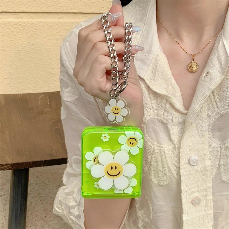 Phone Case For Samsung Galaxy Z Flip 7 FE 6 5 4 3 Fluorescent Green Insert Cards Cute Flower Stand Bracelet Shockproof Cover