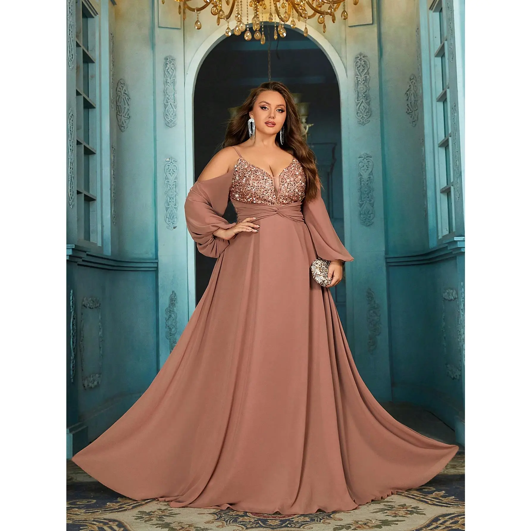 Plus Size Sequin A-Line Evening Gown Cold Shoulder Long Lantern Sleeve Formal Dress with Train Elegant Prom Gown for Formal Events Womenswear Curvy Aesthetic