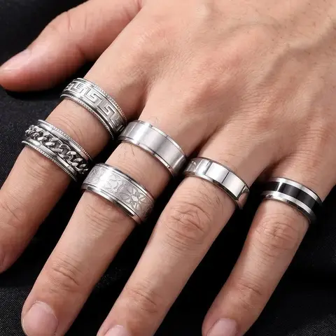 6Pcs Mens Rings Ring Jewelry 316L Stainless Steel Rings for Men Women Rings Vintage Mens Thumb Rings Silver Engagement Rings Wedding Band Fidget Mens Ring Set Geometric Design Ring Metal Rings