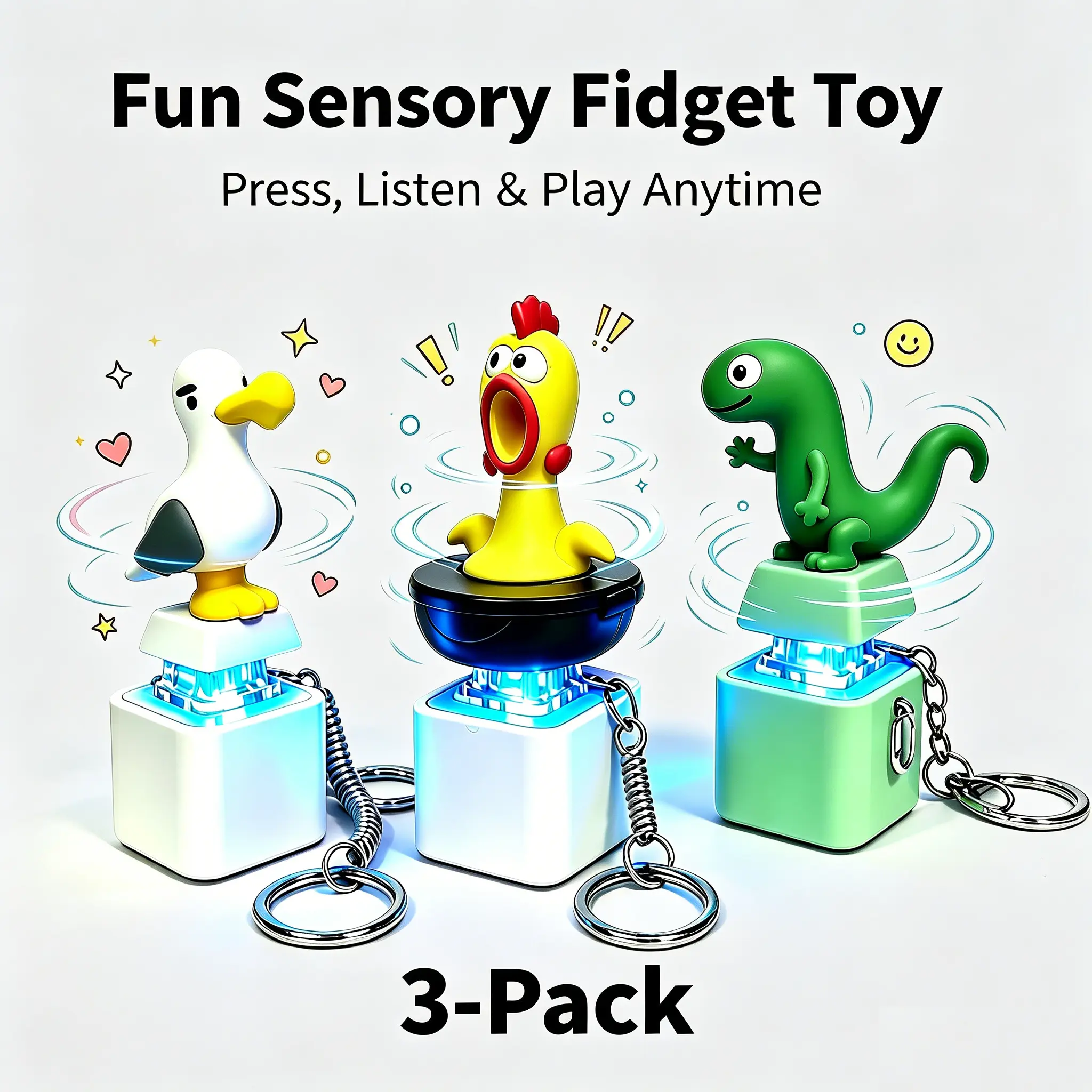 3-Pack Animal Sound LED Keychain Set – Seagull "MINE!", Screaming Lizard & Chicken, Press-Activated Light-Up Sound Keyring, Fidget Sensory Stress Relief Toy, Funny Back to School Gift for Kids & Adults table display home decor statue