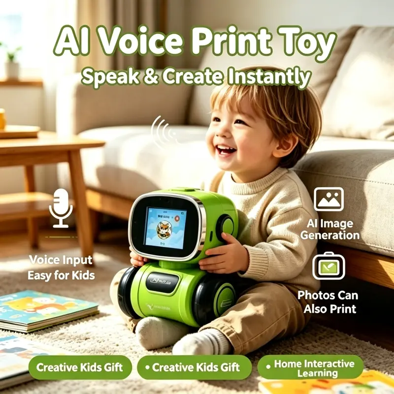 Portable Print Drawing Robot for Age 3+, Voice Interactive Screen Toy with USB Charging Cable, 3 Paper Rolls, Family Learning