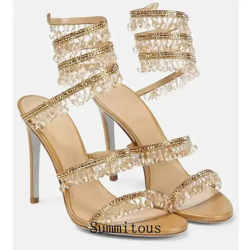 Summer new crystal pendant snake-shaped winding rhinestone sequin tassel banquet large size stiletto high-heeled women's sandals