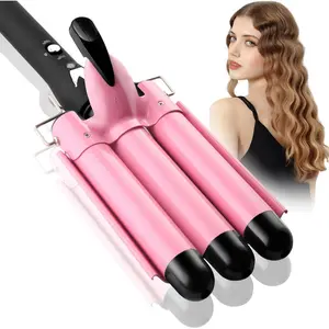 Pink 1 Inch 3 Barrel Ceramic Curling Iron Hair Waver Crimper, Dual Voltage Adjustable Temperature, Ideal Birthday Gift for Women