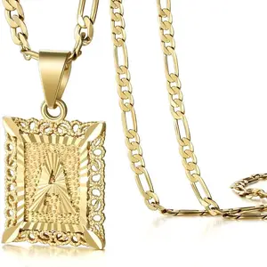 Vintage Style Initial Letter Necklace, 14K Gold Plated, Square Pendant, Figaro Chain, Waterproof