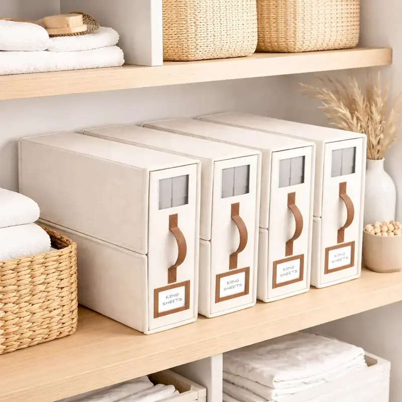 4-Pack Rectangle Bedding Sheet Organizer Boxes - Durable, Collapsible, Dustproof, Stackable Cube Design with Handle, Home Storage Bins for Closet Shelf/Under Bed, Fits King/Queen Linens, Keeps Items Neat & Fresh-L