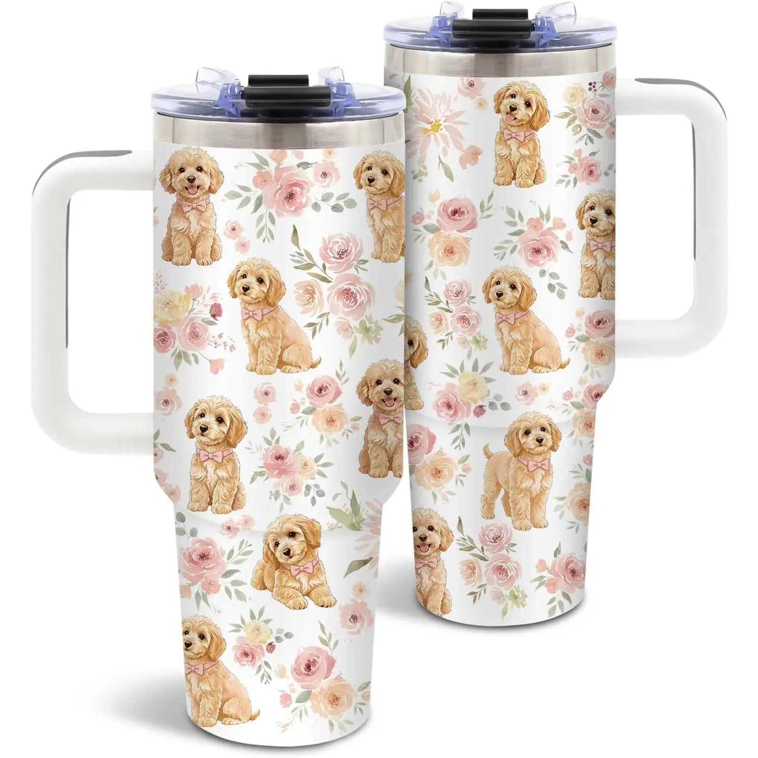 Goldendoodle Tumbler 40oz, Insulated Golden Retriever Gift for Women | Dog Lover Tumbler Leakproof, Goldendoodle Gifts for Women, Pastel Dog Floral Print Mug, Chrismas Birthday Ideal Gift, 1 Pack
