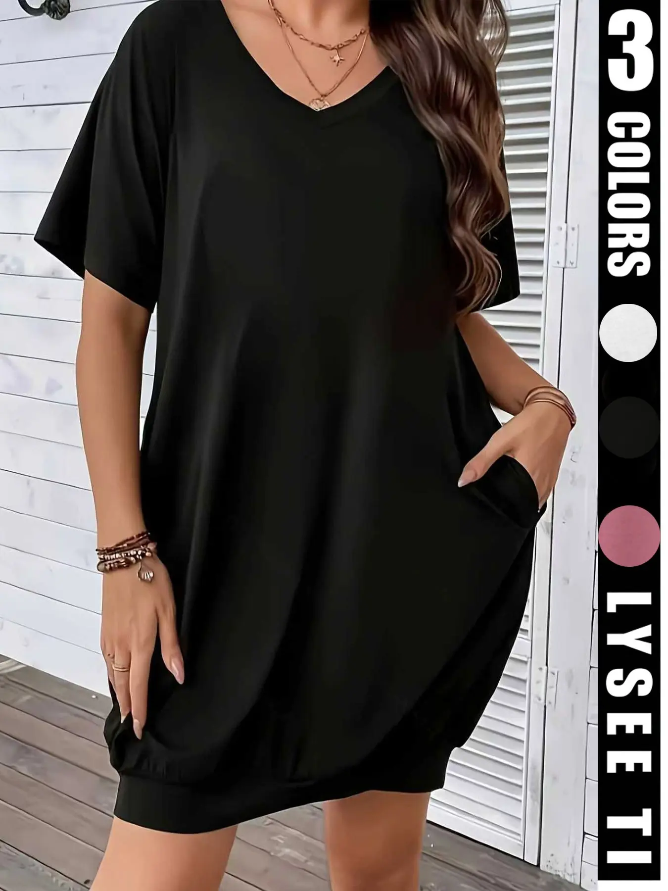 Summer Plus Size Women's Solid V Neck Short Sleeve Dress, Loose Fit T-Shirt Dress with Side Pockets, Soft Casual Beach Dress, 3 Colors Available
