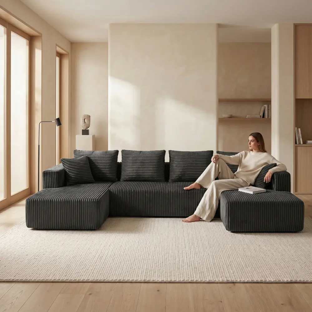 132.1 Inch Modular Sectional Sofa, U-Shaped Corduroy Sofa Couch with Double Chaise, Oversized Deep Seat Cloud Couch for Living Room, Apartment, Gray